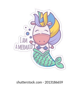 Sweet magical unicorn mermaid swims in the sea. Isolated object on a white background. Icon in the style of a cartoon. Sticker for children. Linear illustration.
