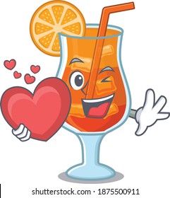 A sweet mai tai cocktail cartoon character style holding a big heart