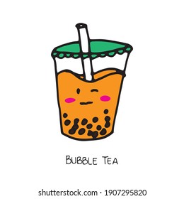 sweet mango flavor with tapioca pearl. a cup of bubble tea with straw and smiley face on white background. hand drawn vector. doodle for kids, logo, cover, banner, poster, sticker, clipart, advert.