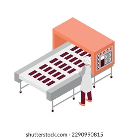 Sweet manufacture isometric icon with chocolate bars on conveyor line and worker 3d vector illustration
