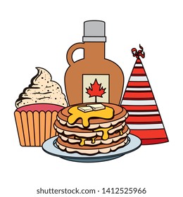 sweet maple syrup bottle with pancake and cupcake