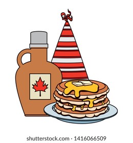 sweet maple syrup bottle with pancake and hat