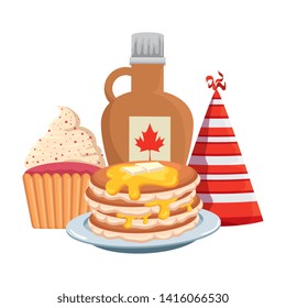 sweet maple syrup bottle with pancake and cupcake