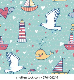 Sweet marine concept seamless pattern. Whale, boat, ship, lighthouse, seagull in funny cartoon background in vector. Stylish hipster theme in popular colors