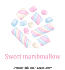 Sweet marshmallows isolated on white background. Vector illustration of dessert in cartoon flat style.