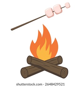 Torrefação de marshmallows doce sobre fogueira brilhante varas isoladas ilustração vetor no fundo branco