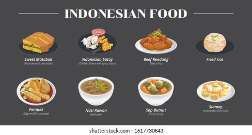 Sweet martabak,indonesian satay,beef rendang,fried rice,pempek,nasi rawon,sop buntut,siomay indonesian food vector set collection graphic design