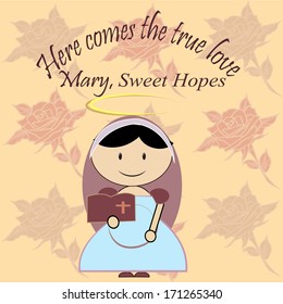 Sweet Mary waits, holding a bible, vintage background with roses.