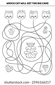 Sweet maze. Choose right path to the big cake. Which cat will get the big cake. Printable, isolated vector illustration eps 10