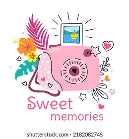 Dulces recuerdos. La cámara ahorra momentos hermosos, diseño de impresión de arte de camisetas. Slogan divertido, sticker de moda con foto y flores. Fondo vectorial de memoria actual