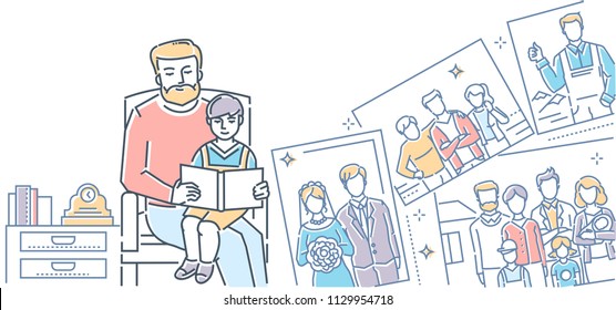 Sweet memory - colorful line design style illustration on white background. High quality composition with a grandfather sitting with his grandson and showing him a photo album. Family values concept - Shutterstock ID 1129954718