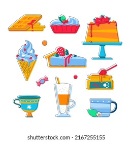 Schönes Menü in einem Café - flache Design-Symbole gesetzt. Hochwertige Bilder von Kuchen, Käsekuchen, Honig, Waffel mit Sirup, Eis-Kegel, Latte in Glas und eine Tasse Tee. Gebäck und Getränke