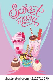 Sweet menu cover design with ice cream, milkshake and cupcakes. Template for cafe, restaurant