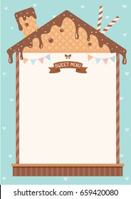 Sweet menu decorated with chocolate syrup toppings and wafer design with cute 
 roof of house and chimney for template