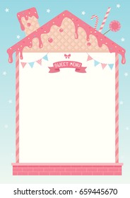Sweet menu decorated with strawberry syrup toppings and wafer design with cute 
 roof of house and chimney for template