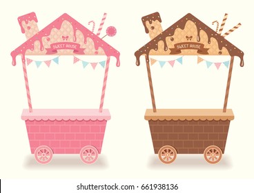 Sweet menu design for booth and kiosk decorated to chocolate and strawberry syrup with toppings and wafer design to cute roof house for bakery cafe cart shop.Pink and  brown colors.