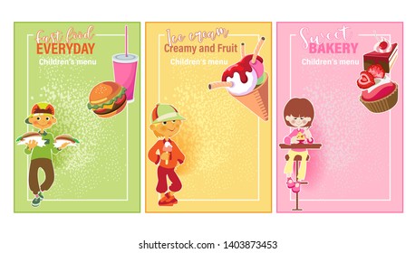 Sweet menu dessert and drink design to template on pink background.  Fast food menu design to template on green background. Ice cream menu  and drink design to template on yellow background