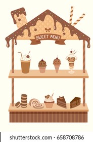 Sweet menu display shelf decorated with chocolate syrup toppings and wafer design to cute roof house for bakery or cafe shop.