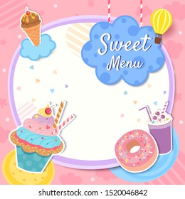 Sweet menu frame template design with cupcake dessert and milkshake on pink background.