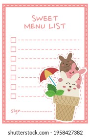 Sweet menu list paper note vector design. Cute paper note vector. Bunny strawberry ice cream. 