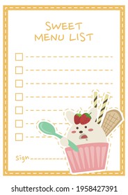Sweet menu list paper note vector design. Cute paper note vector. Bunny cupcake.