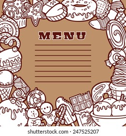 Sweet menu. Vector  cartoon hand drawn brochure template for menu with sweets . Cutting of sweets made by clipping mask