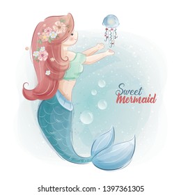 Sweet Mermaid and Her Friend Jellyfish