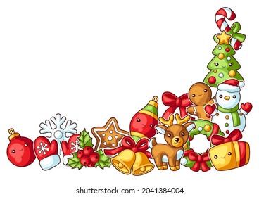 Sweet Merry Christmas decorative element. Cute characters and symbols. Holiday background in cartoon style.