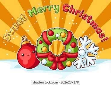 Sweet Merry Christmas greeting card. Cute characters and symbols. Holiday background in cartoon style.