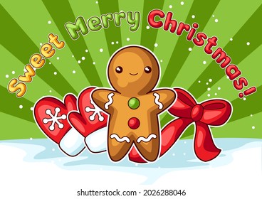 Sweet Merry Christmas greeting card. Cute characters and symbols. Holiday background in cartoon style.