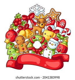 Sweet Merry Christmas greeting card. Cute characters and symbols. Holiday background in cartoon style.