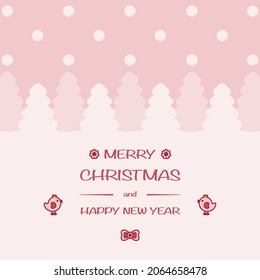 Sweet Merry Christmas greeting card. Happy winter snow, pine background. Merry Christmas text. Cute flower, ribbon, adorable bird, lovely Christmas decoration item. Vector illustration art design.