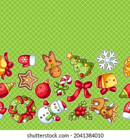 Dulce Feliz Navidad sin costura. Caracteres y símbolos personalizados. Fondo de vacaciones al estilo de las caricaturas.