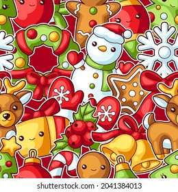 Sweet Merry Christmas seamless pattern. Cute characters and symbols. Holiday background in cartoon style.