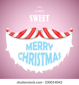 Sweet Merry Christmas vector illustration. Santa moustache made of candy with Merry Christmas greeting.