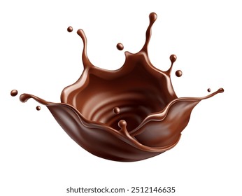 Sweet milk chocolate splash with drops, bubbles and blots. Melting liquid fluid crown drops. Isolated on white background. Vector illustration.