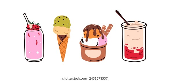 Sweet milk desserts set. Milkshake, icecream in waffle cone, ice-cream balls in cup, milky shake, drink in glass with straw. Sugar dairy products. Flat vector illustration isolated on white background