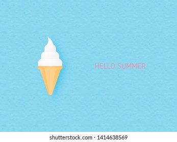 Sweet milk ice cream cone on blue background paper cut style. Digital craft paper art minimalism style for wallpaper, poster, brochure, flyer, banner template, summer advertising concept.