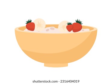 Sweet milk porridge breakfast concept. Yellow bowl with oatmeals, banana and strawberry. Healthy eating and nutrition. Poster or banner for website. Cartoon flat vector illustration