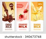 Sweet milk vertical realistic banners set with banana choco and strawberry milk isolated vector illustration 
