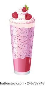 Sweet milkshake cocktail with whipped cream and raspberry. Realistic cocktail, smoothie with raspberries in a glass