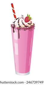 Sweet milkshake cocktail with whipped cream, raspberry and chocolate. Realistic cocktail, smoothie with raspberries