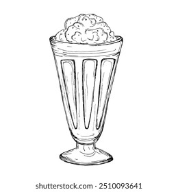 Doce milkshake mão desenhado ilustração vetor. Bebida preta e branca isolada no esboço do copo de vidro.