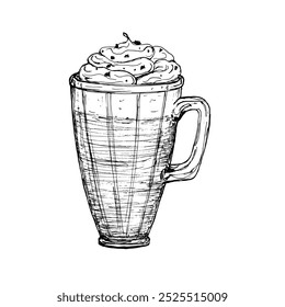 Doce milkshake mão desenhado ilustração vetor. Bebida preta e branca isolada no esboço do copo de vidro.