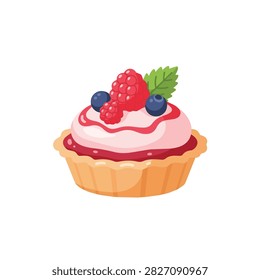 Sweet Mini Berry Tartlet with Pink Whipped Cream, Raspberries, Blueberries and Mint Leaf Illustration