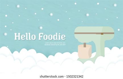 sweet mixture cover pastel color cover banner style.Bakery product card design with hello foodie.cute blue paper background.lovely vector bake star fluffy.