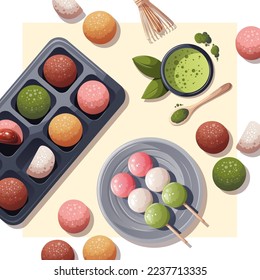 Sweet Mochi, dango, matcha tea. Japanese food, healthy eating, cooking, menu, sweet food, dessert concept. Vector illustration. Card, cover, poster.