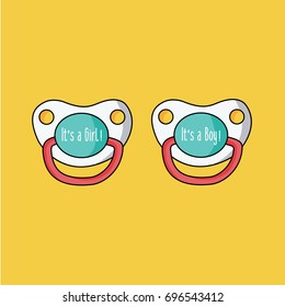 sweet modern cute clean colorful simple pacifier, soother or dummy vector cartoon with text - it's a Girl & it's a boy with black outline or line flat design isolated. twins baby concept 