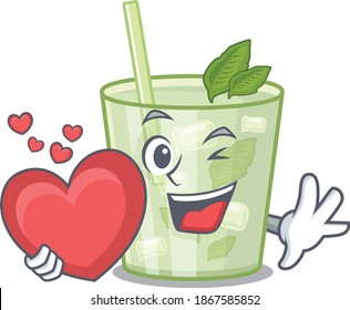 A sweet mojito lemon cocktail cartoon character style holding a big heart