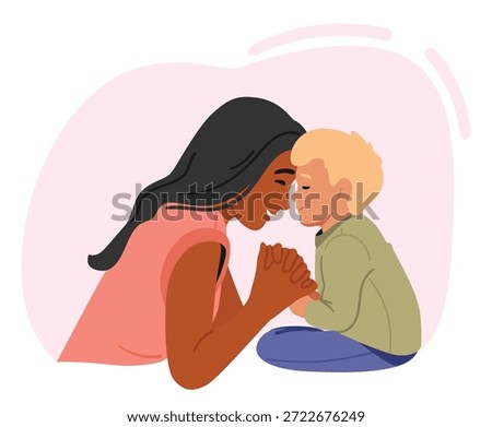Sweet moment between mom and her son cartoon portrait showcasing adorable tender bond, maternal love and joy of parent-child relationship. Happy family and secure relationships vector illustration